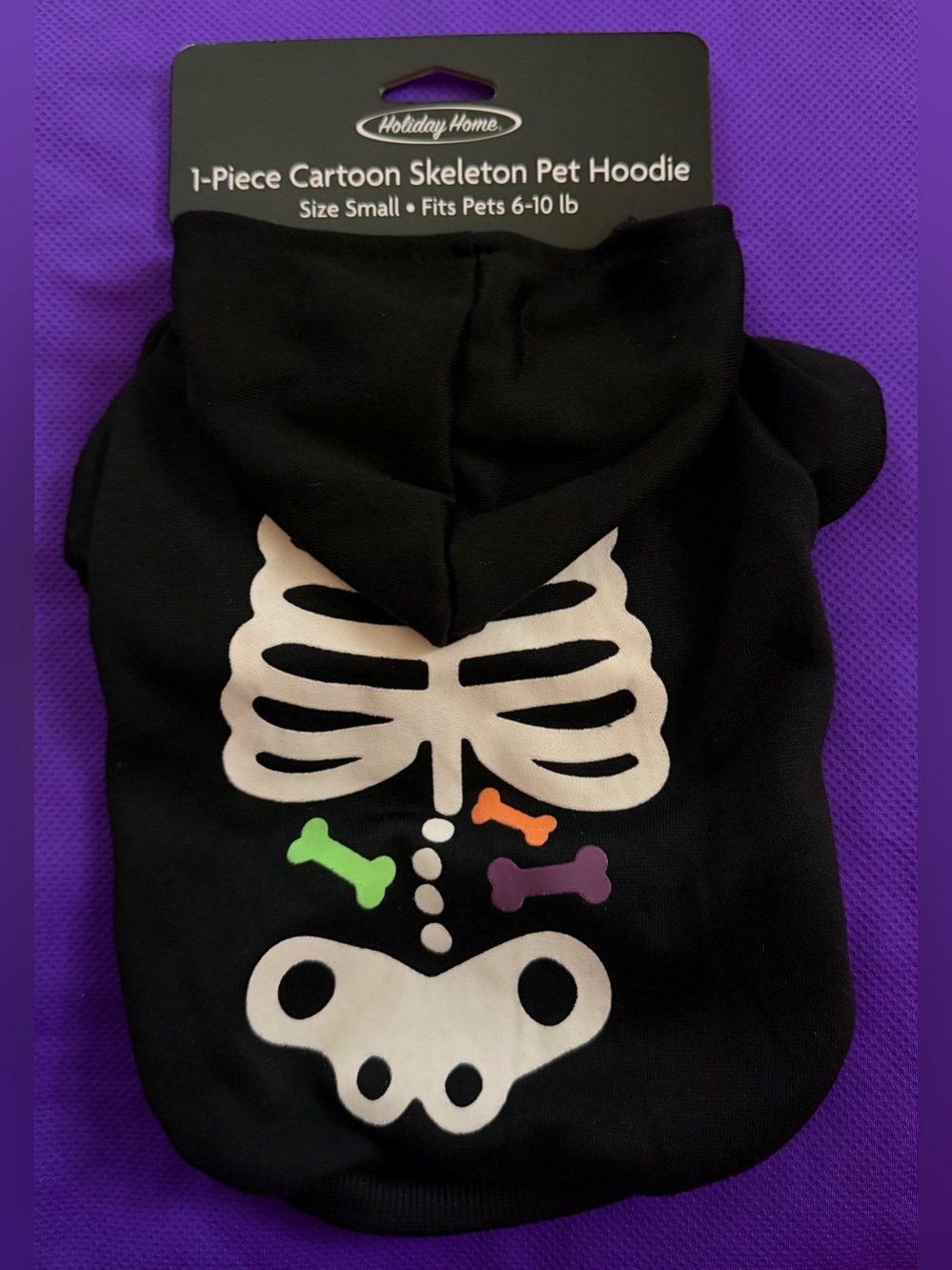 🐾 Black and White Skeleton Dog Hoodie with Colorful Bones